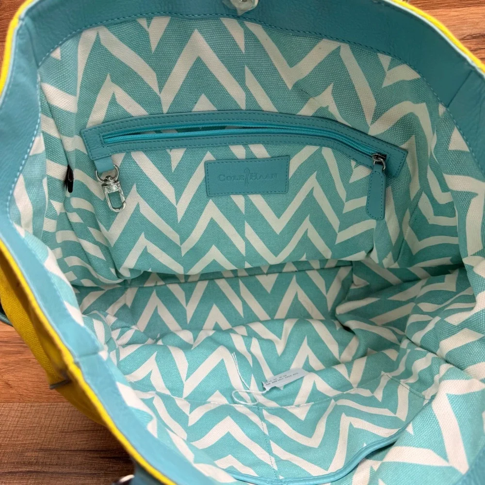 Cole Haan Bright Yellow Canvas Tote with Teal Trim - Women Bags